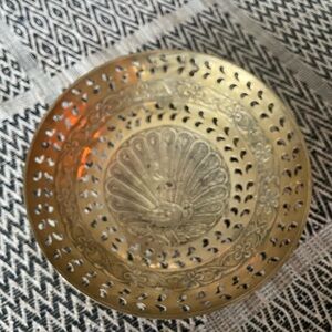 Intricate brass Bowl with Peacock Design 6.7”
